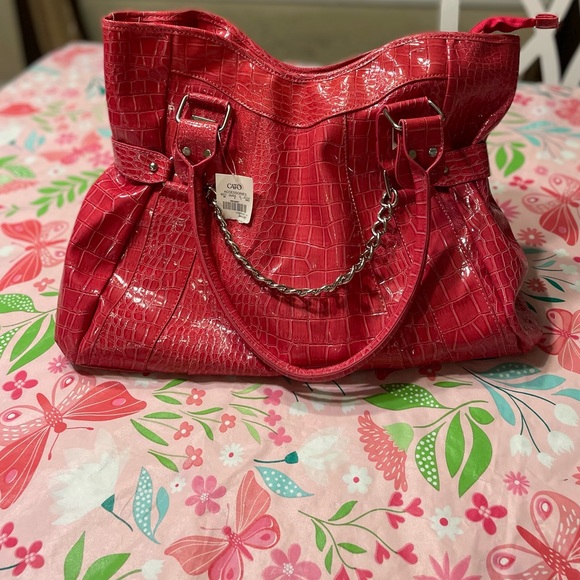 Cato pink faux croc embossed tote bag NWT zip close 11x14 in silver chain - Picture 2 of 7